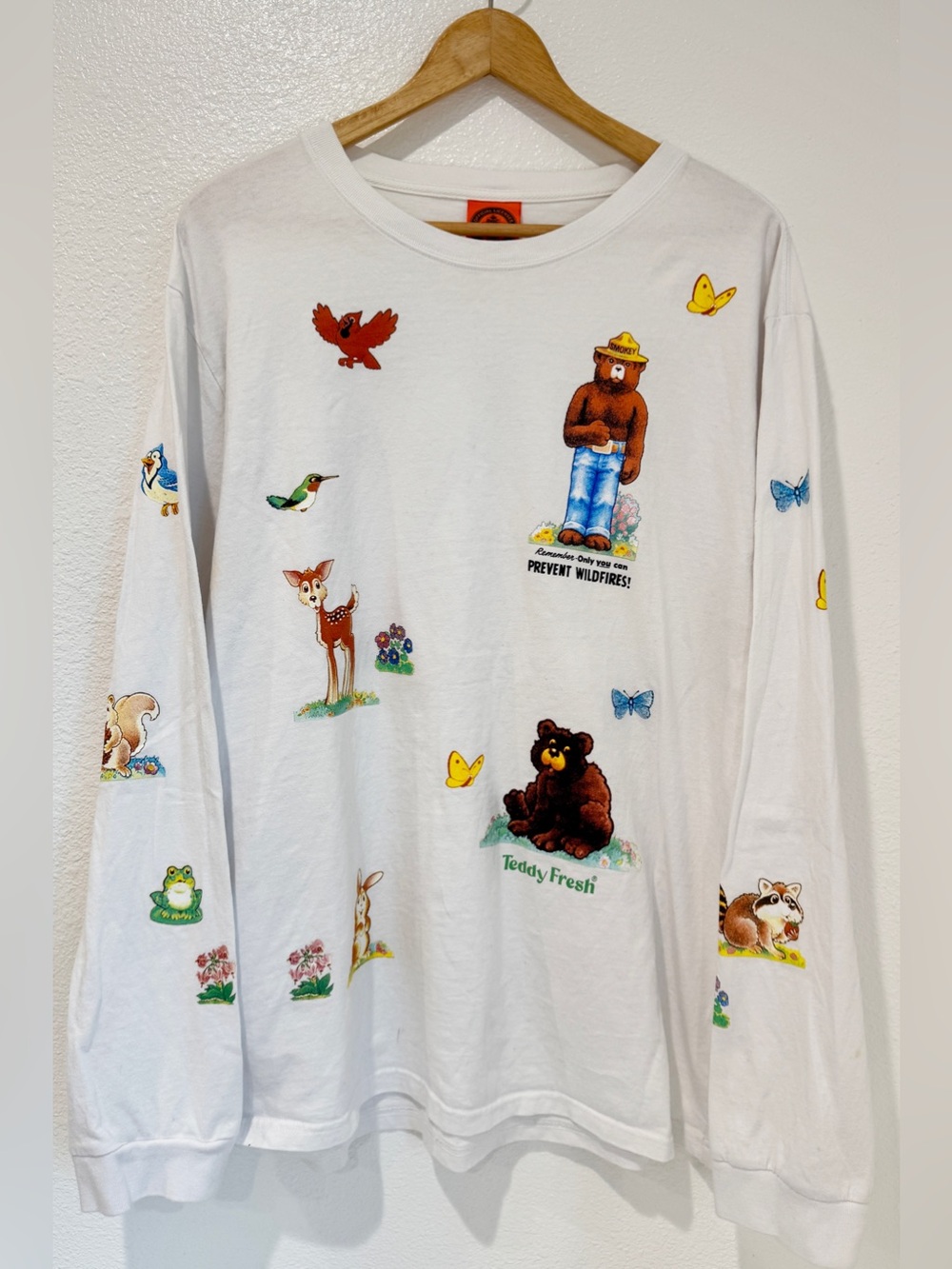 Teddy Fresh Smokey Bear Forest Fire Graphic Long Sleeve Shirt Cotton White XL